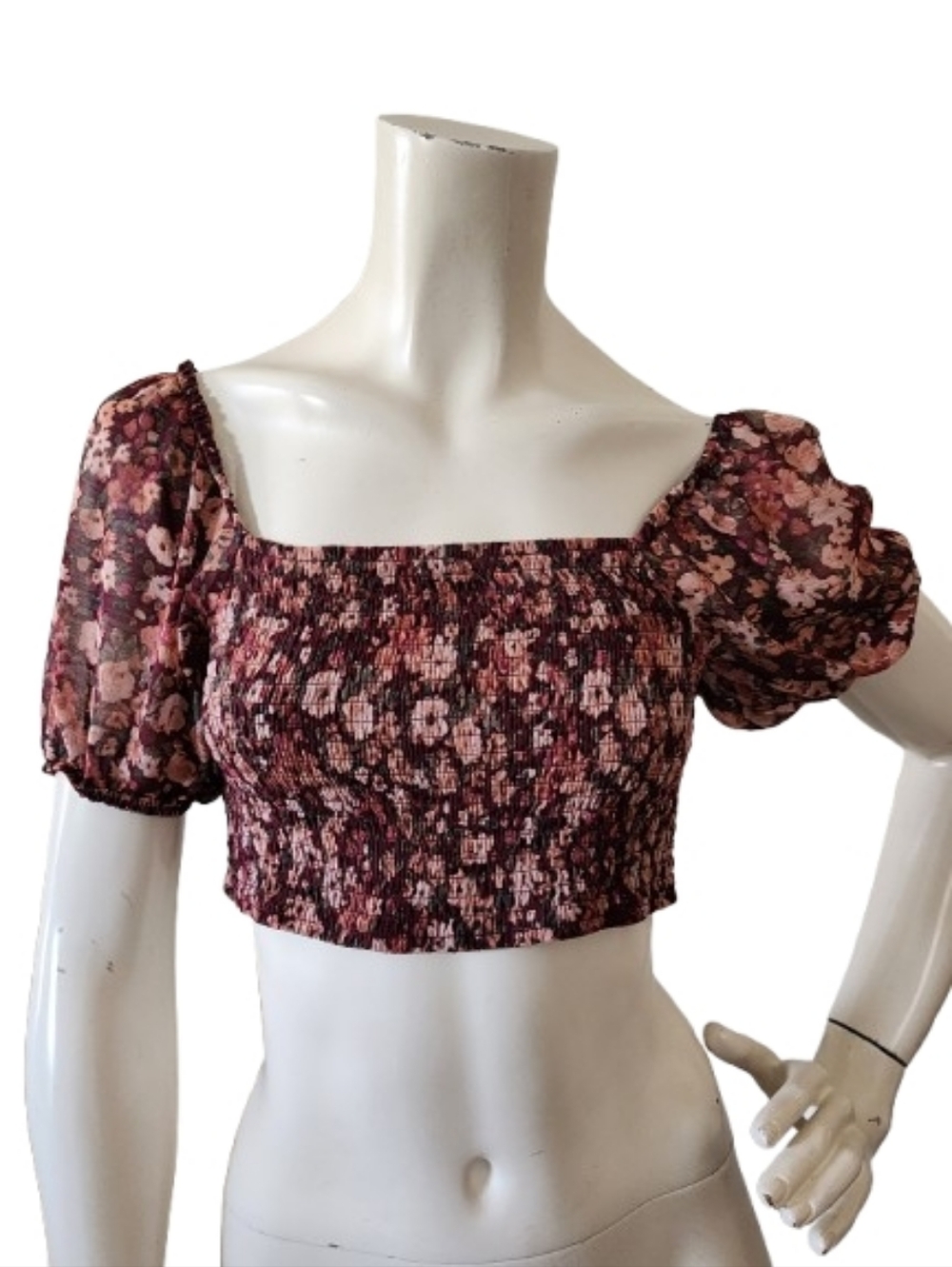 Altar'd State Smocked Crop Top Women's M Burgundy Floral Puff Sleeve